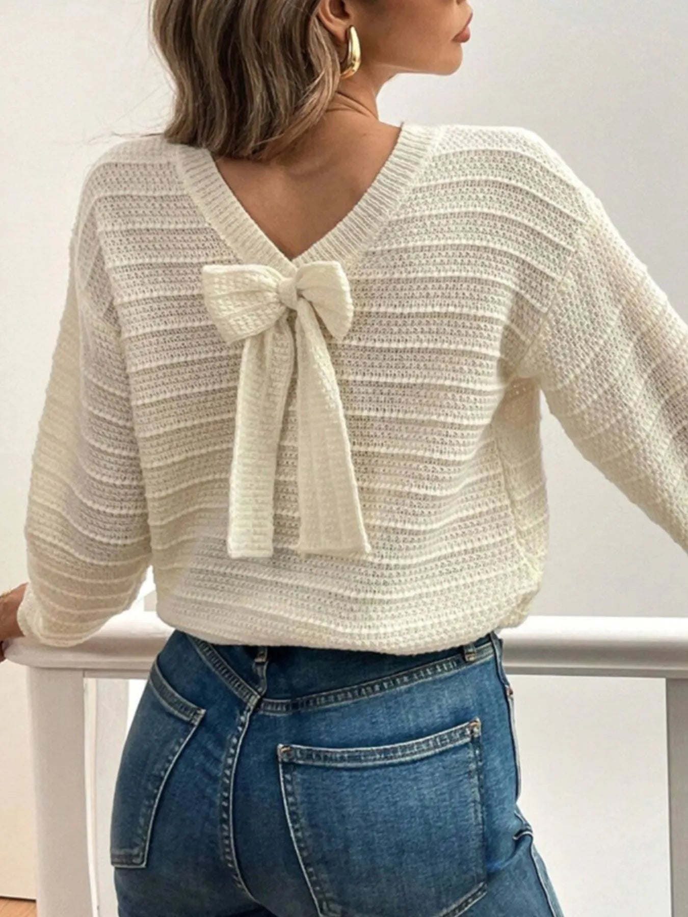 Round Neck Bow-Back Knit Top Beige - Fashorio