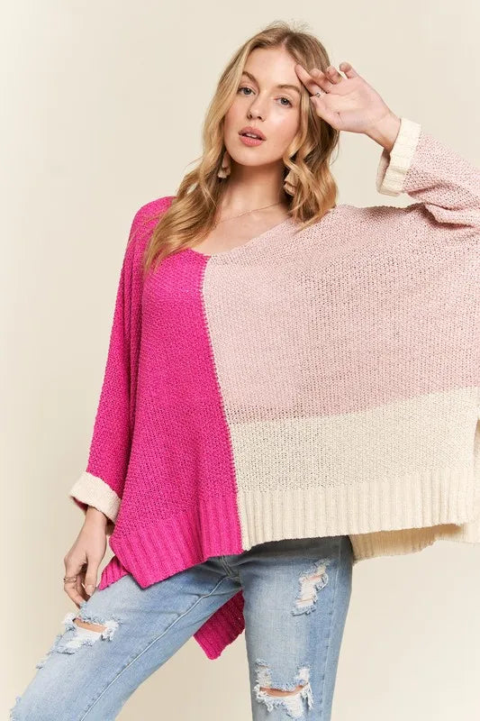 Side Slit Color Block Long Sleeve Sweater in Hot Pink detail