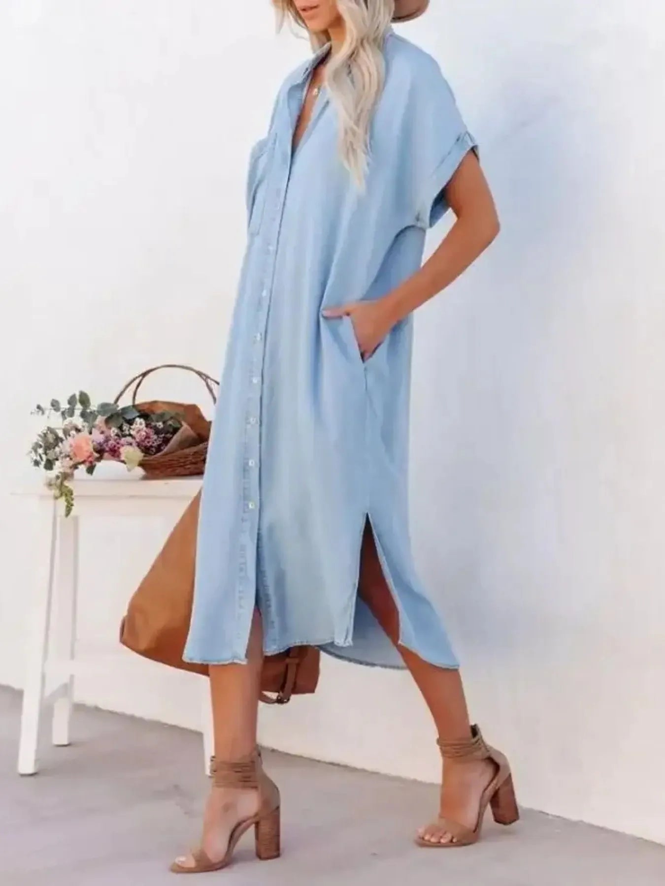 Button Down Denim Midi Shirt Dress - Fashorio
