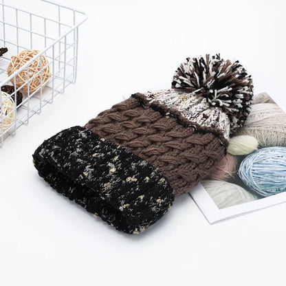 Contrast Thermal Hat with Pompom Brown One Size - Fashorio