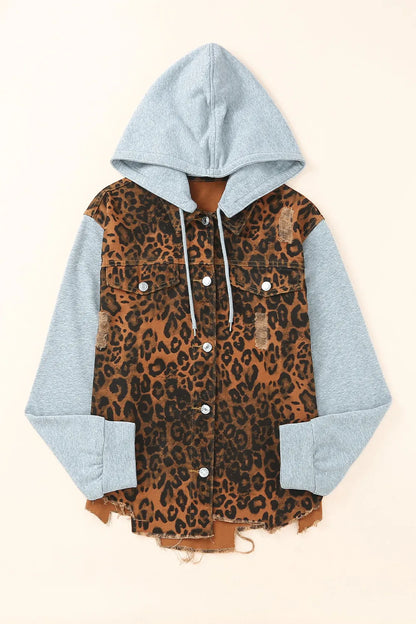 Leopard Distressed Drawstring Hooded Denim Jacket - Fashorio