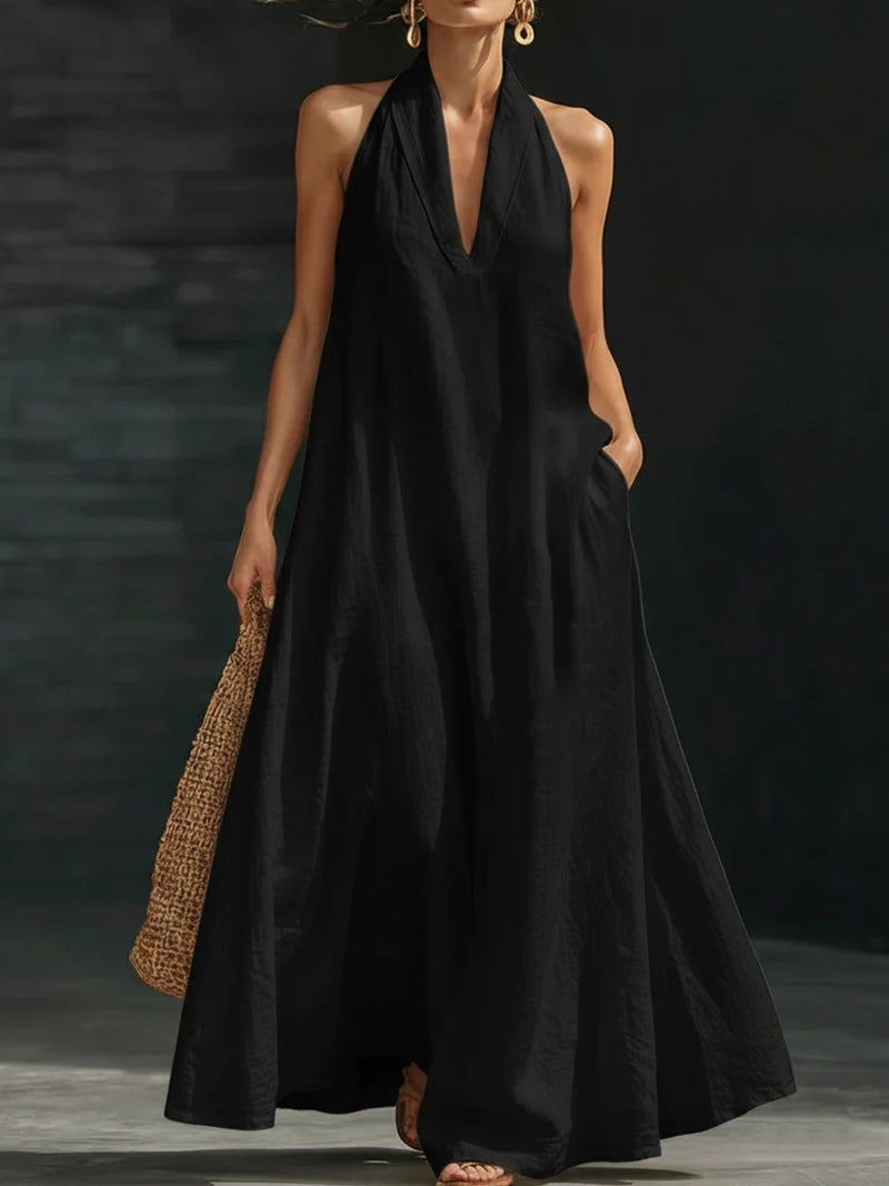 halter neck maxi dress with pockets front view