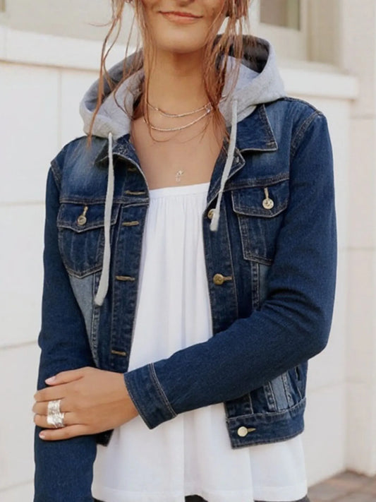 Full Size Button Up Drawstring Hooded Denim Jacket Plus Size Dark Blue - Fashorio