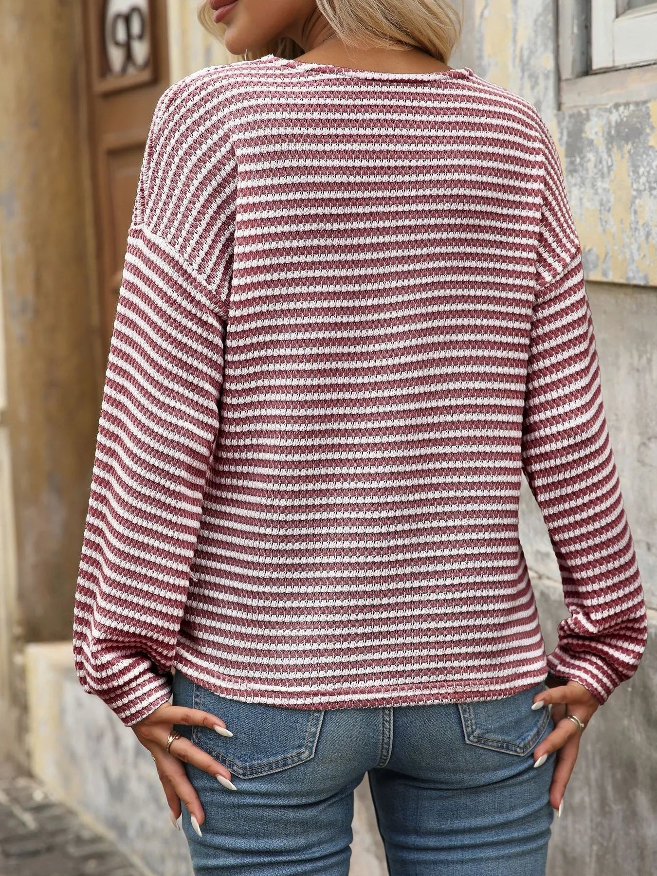 Striped V-Neck Button Front Casual Top - Fashorio