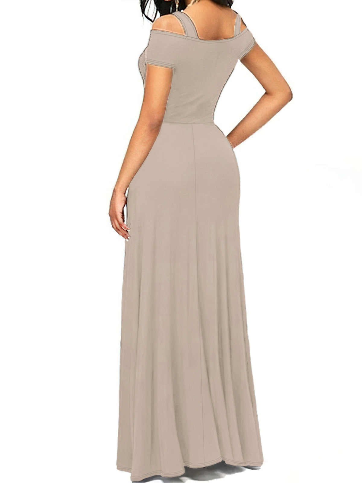 off shoulder slit maxi dress standing pose