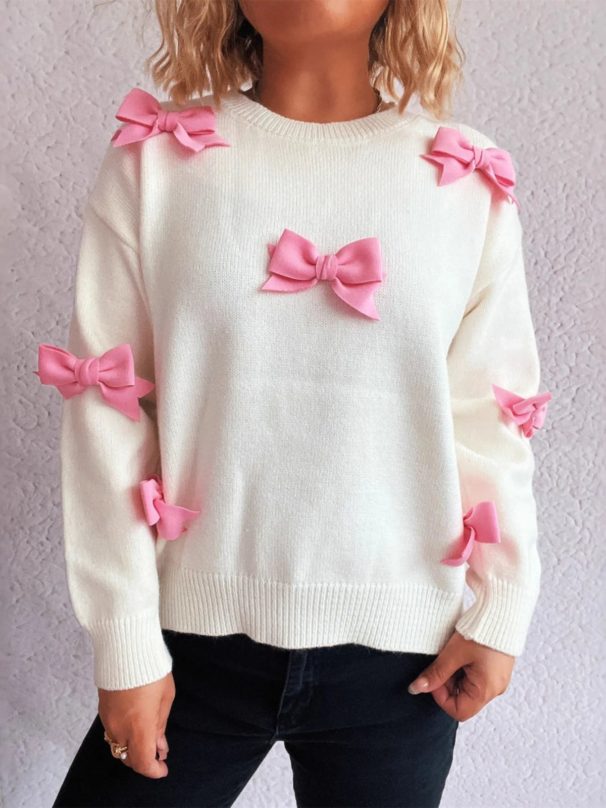 Bow round neck long sleeve sweater styled look