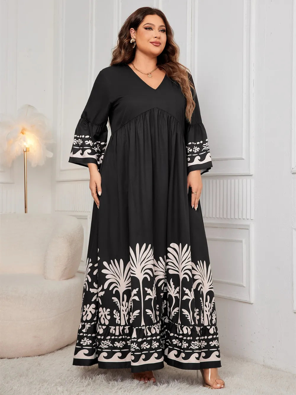 Black printed V neck long sleeve plus size maxi dress detail view