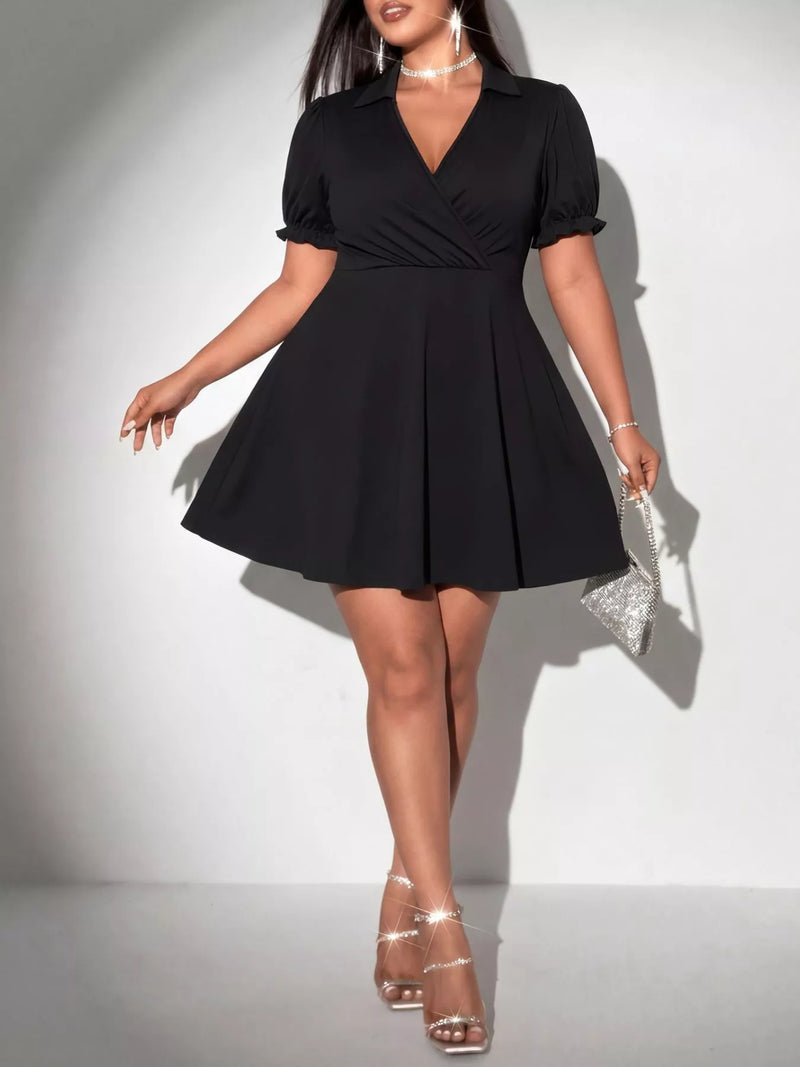 Plus size black surplice short sleeve mini dress front view