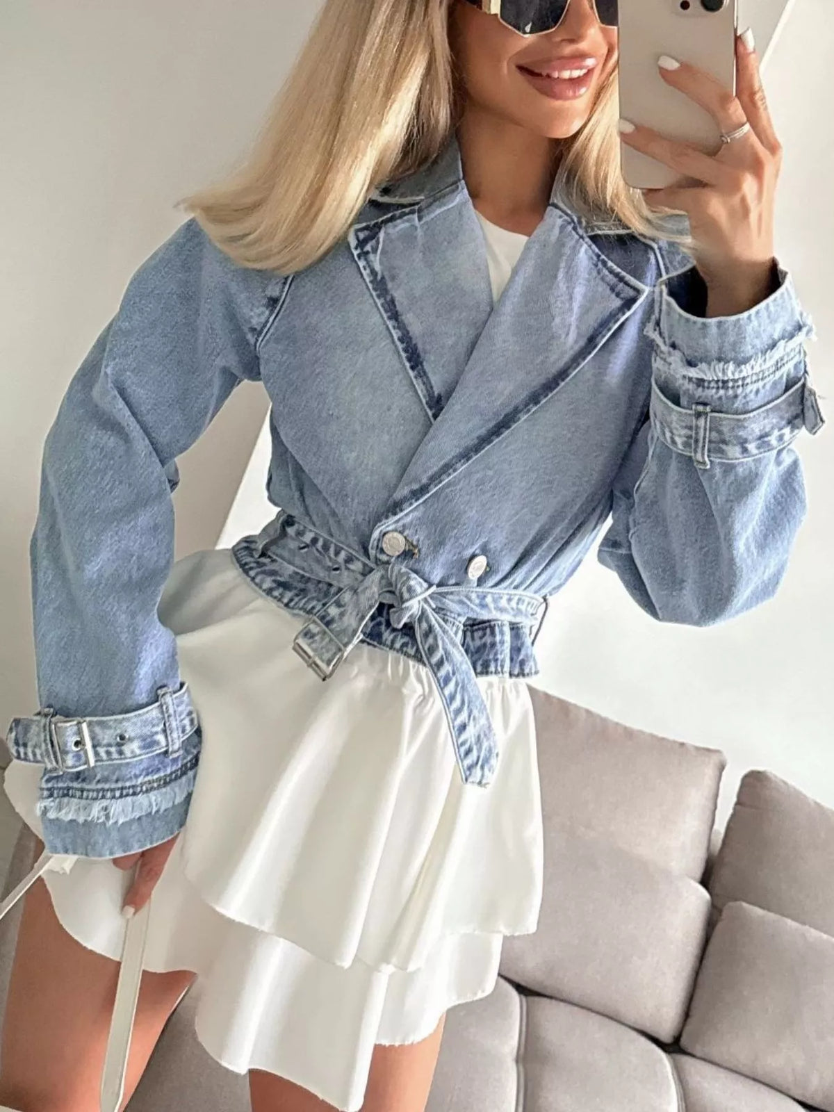Cropped Long Sleeve Denim Jacket in Blue close up
