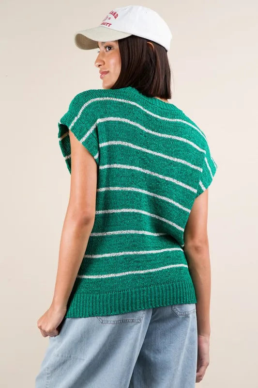 Striped Knit Sweater Vest Top in Green detail