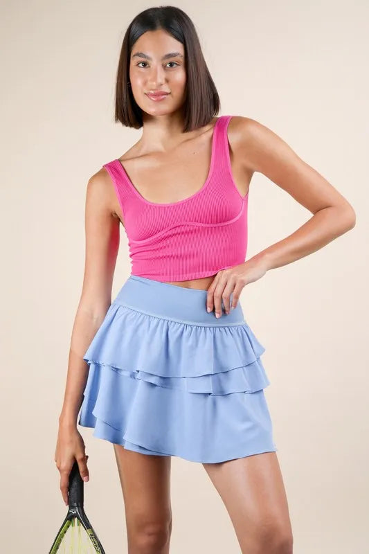 Ruffled tiered activewear skirt with shorts styling detail