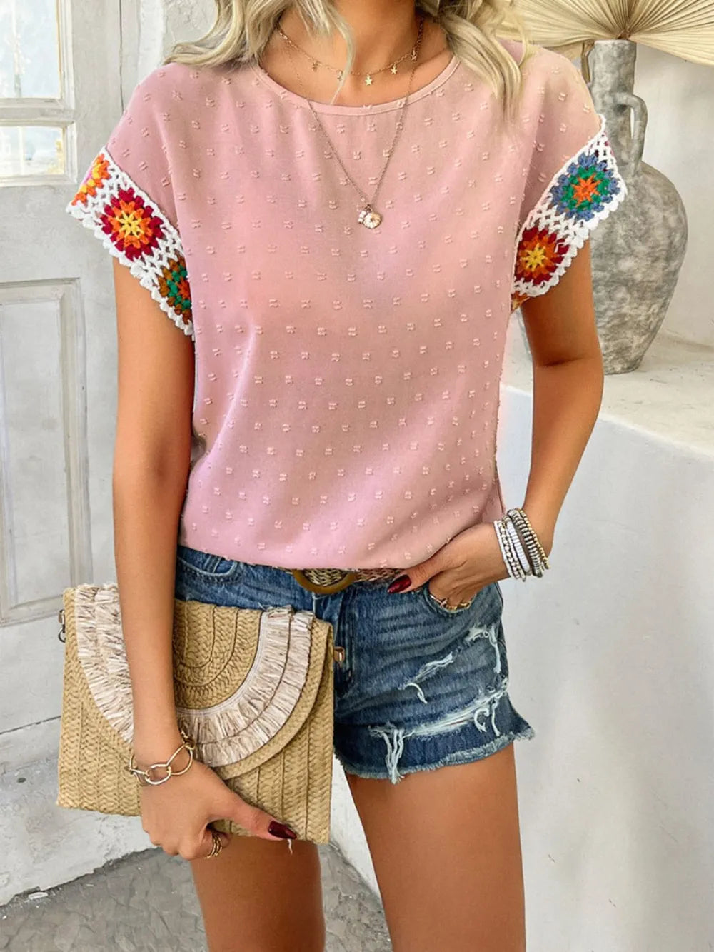 Devine Swiss Dot Crochet Short Sleeve Top, view 6