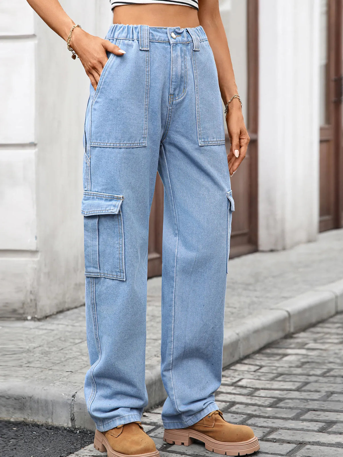 Back view of high waisted cargo denim