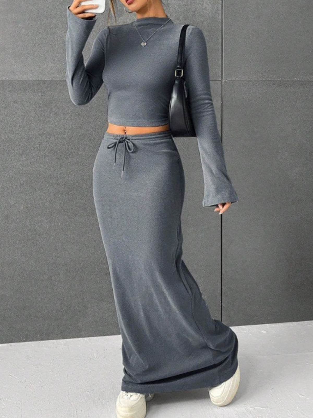 Grey two piece maxi skirt set side view