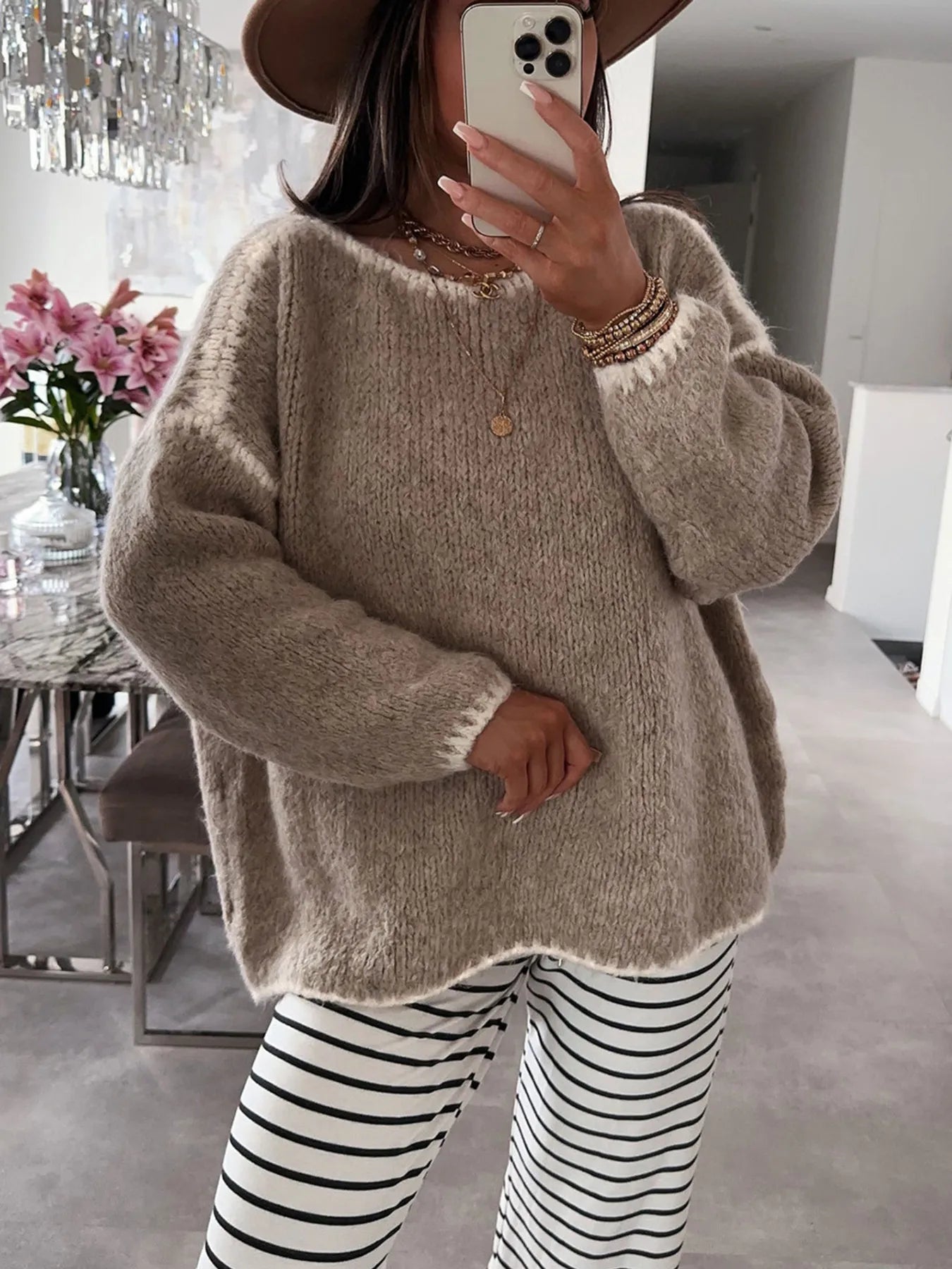 Contrast Trim Oversized Sweater Khaki - Fashorio