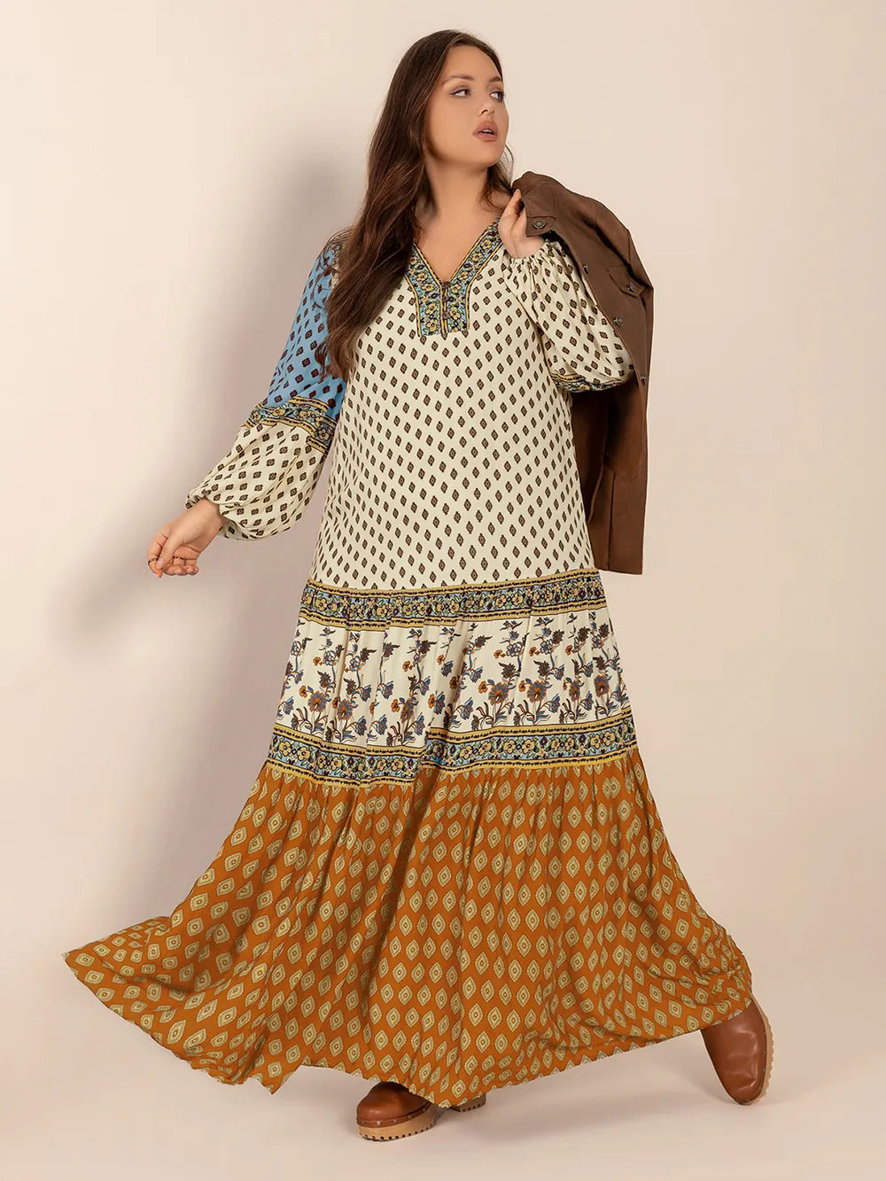 Printed V Neck Balloon Sleeve Maxi Dress side view