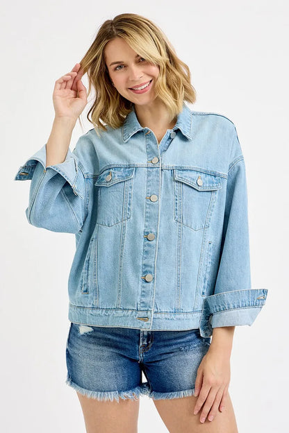 RISEN Washed Dropped Shoulder Denim Jacket - Fashorio
