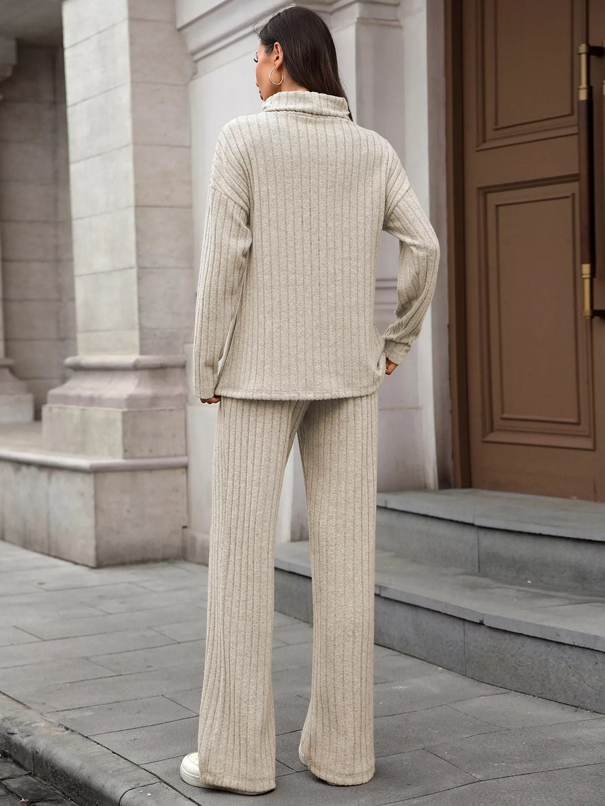 Ribbed turtleneck top and pants set sleeve detail view