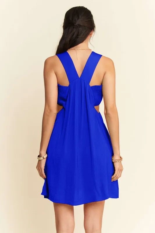 Satin Cut Out Bandeau Mini Dress in Cobalt back view