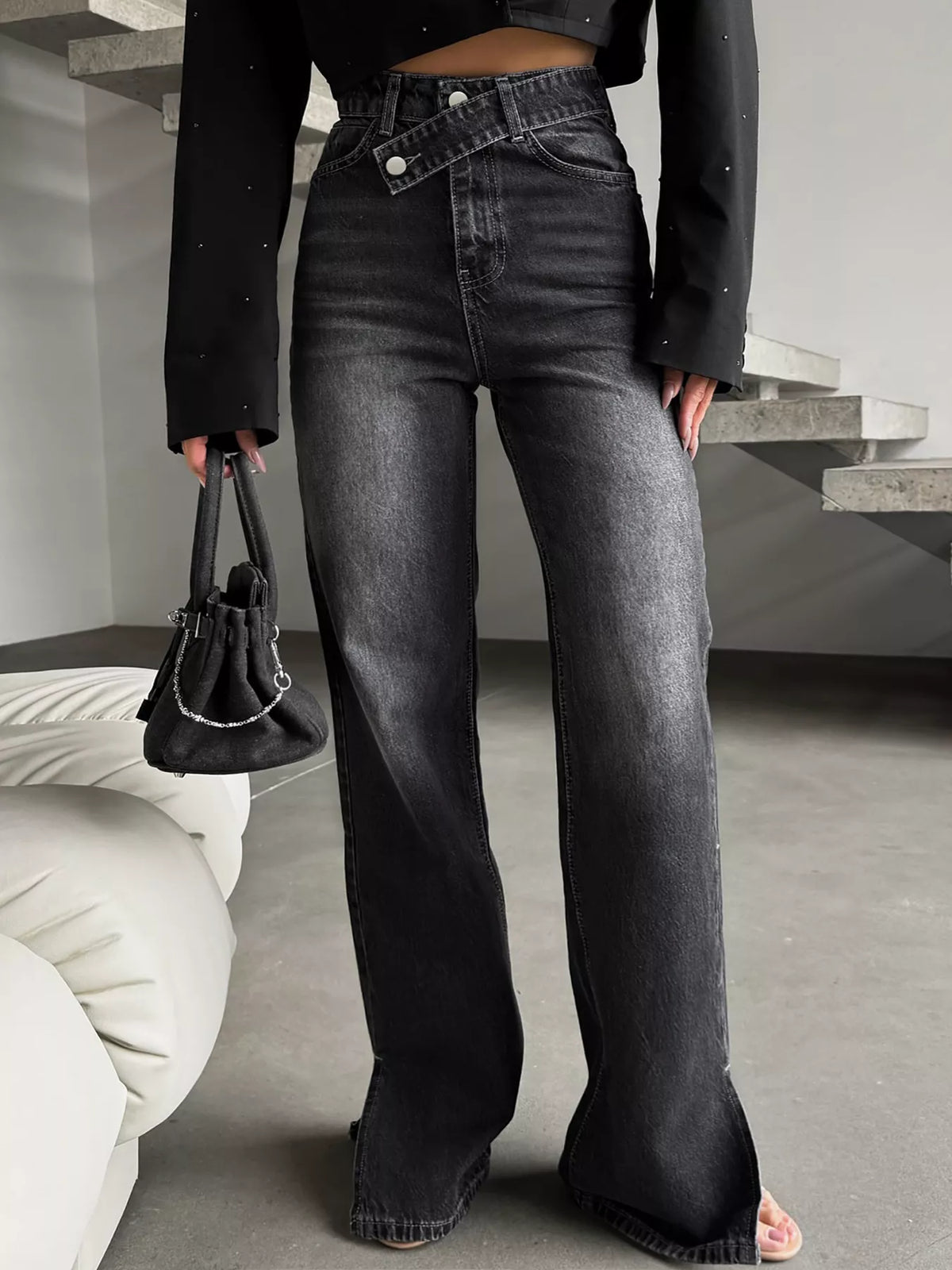 Black high waisted slit hem jeans front view