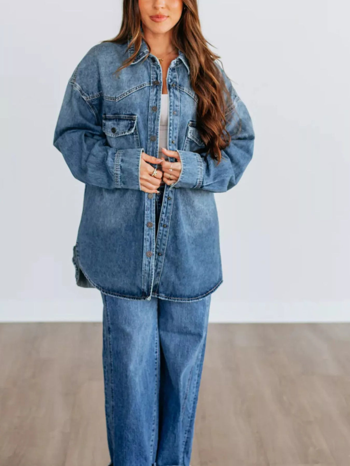 Snap Down Drop Shoulder Denim Jacket in Dark Blue on model