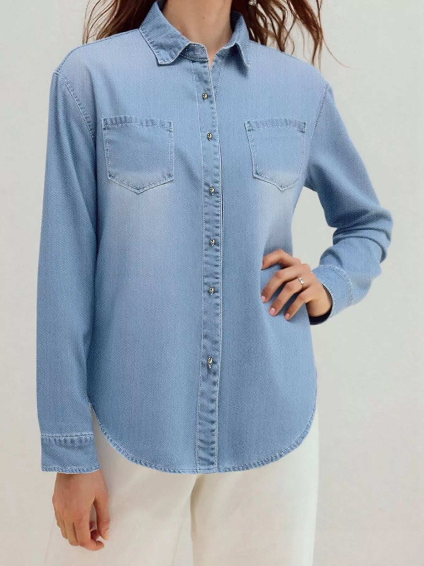 Full Size Button-Up Long Sleeve Denim Shirt Plus Size - Fashorio