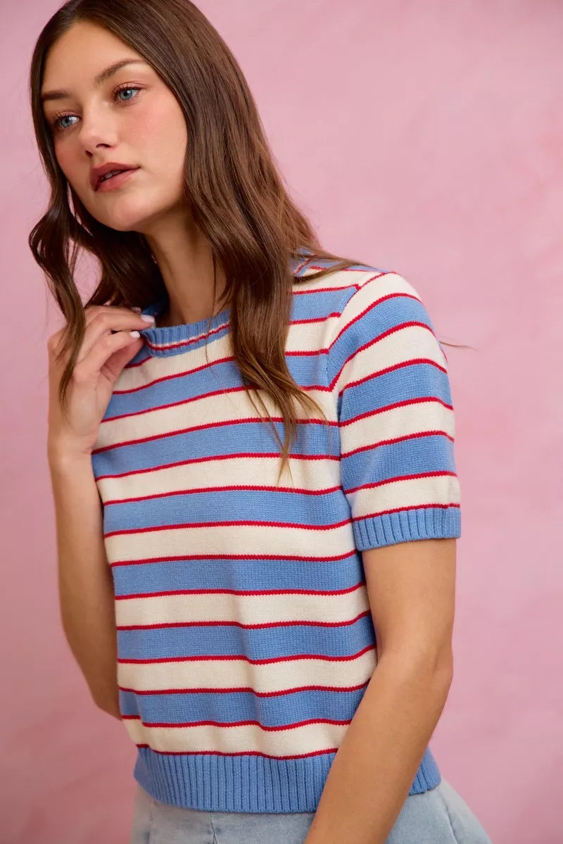 Striped crew neck knit sweater top neckline detail