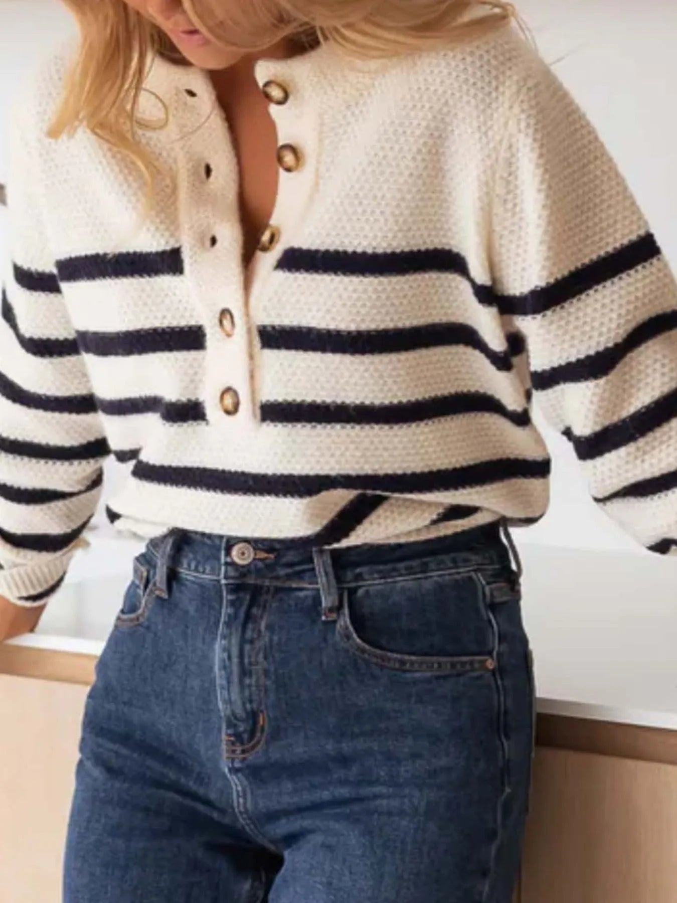 Striped Button-Front Sweater - Fashorio