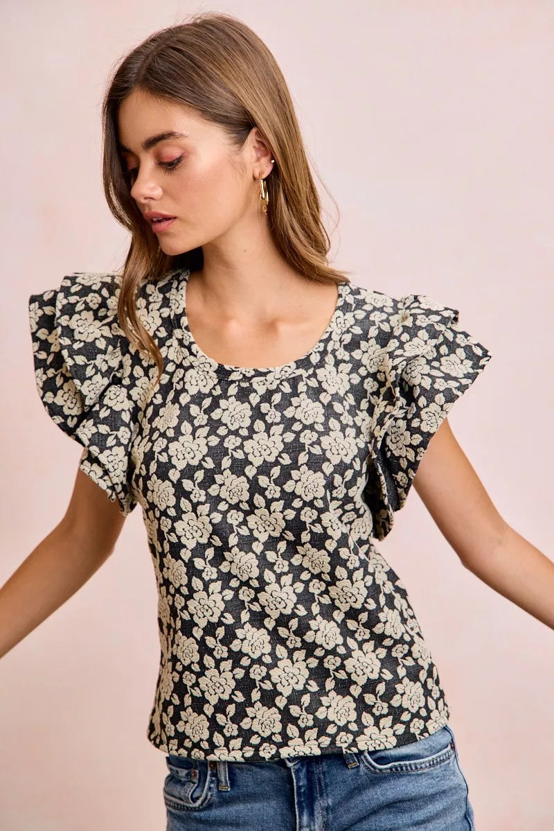 Black floral jacquard top side view