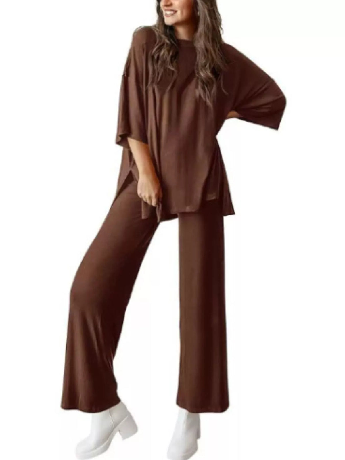 Relaxed Fit Round Neck Top and Pants Set, view 18