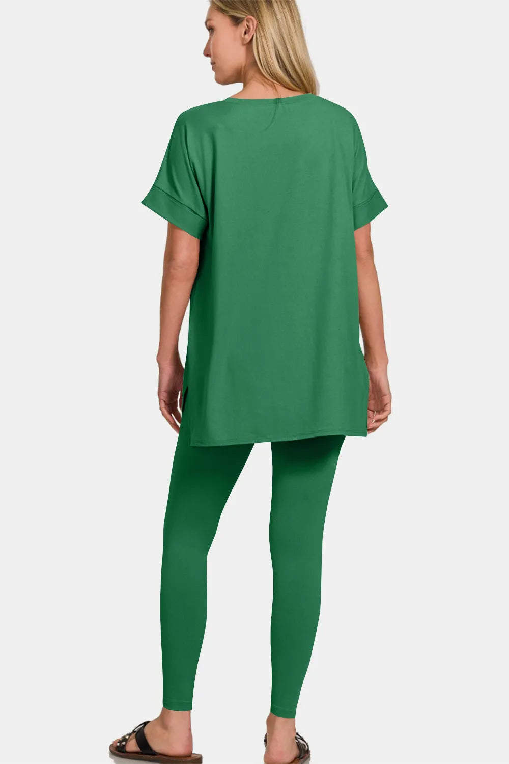 Zenana Full Size V-Neck Rolled Short Sleeve T-Shirt and Leggings Lounge Set - Fashorio