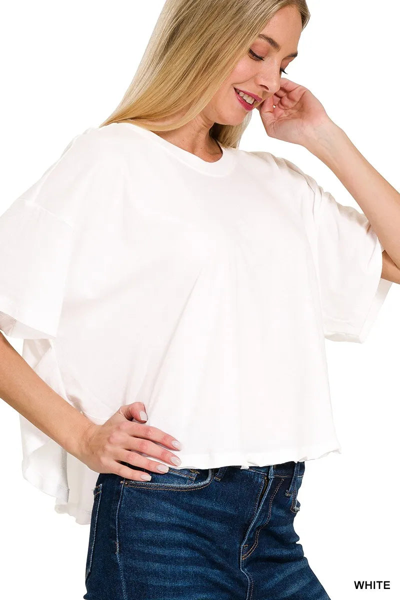 Cotton ruffle sleeve round neck top front view