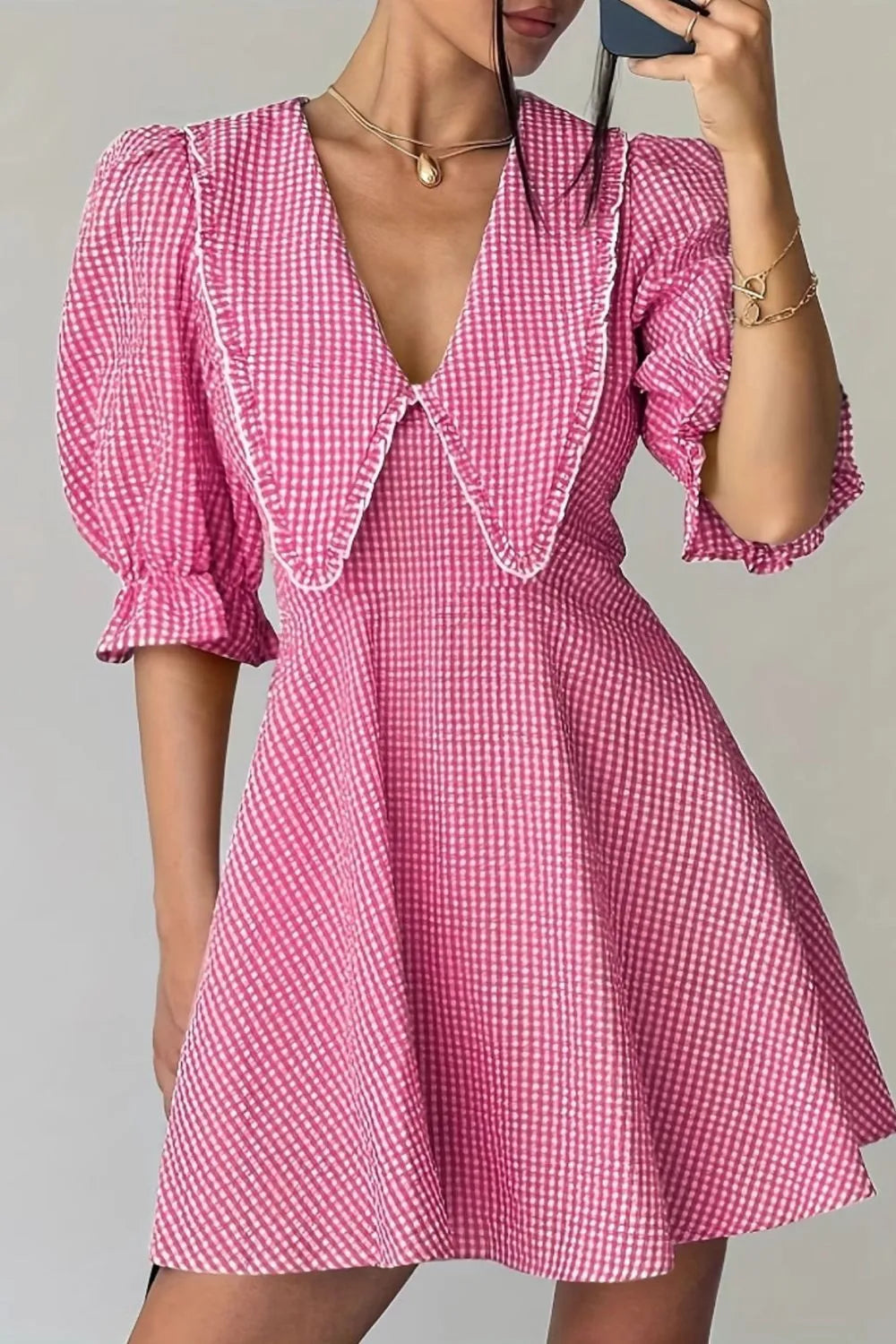 Gingham Puff Sleeve Mini Dress in Pink