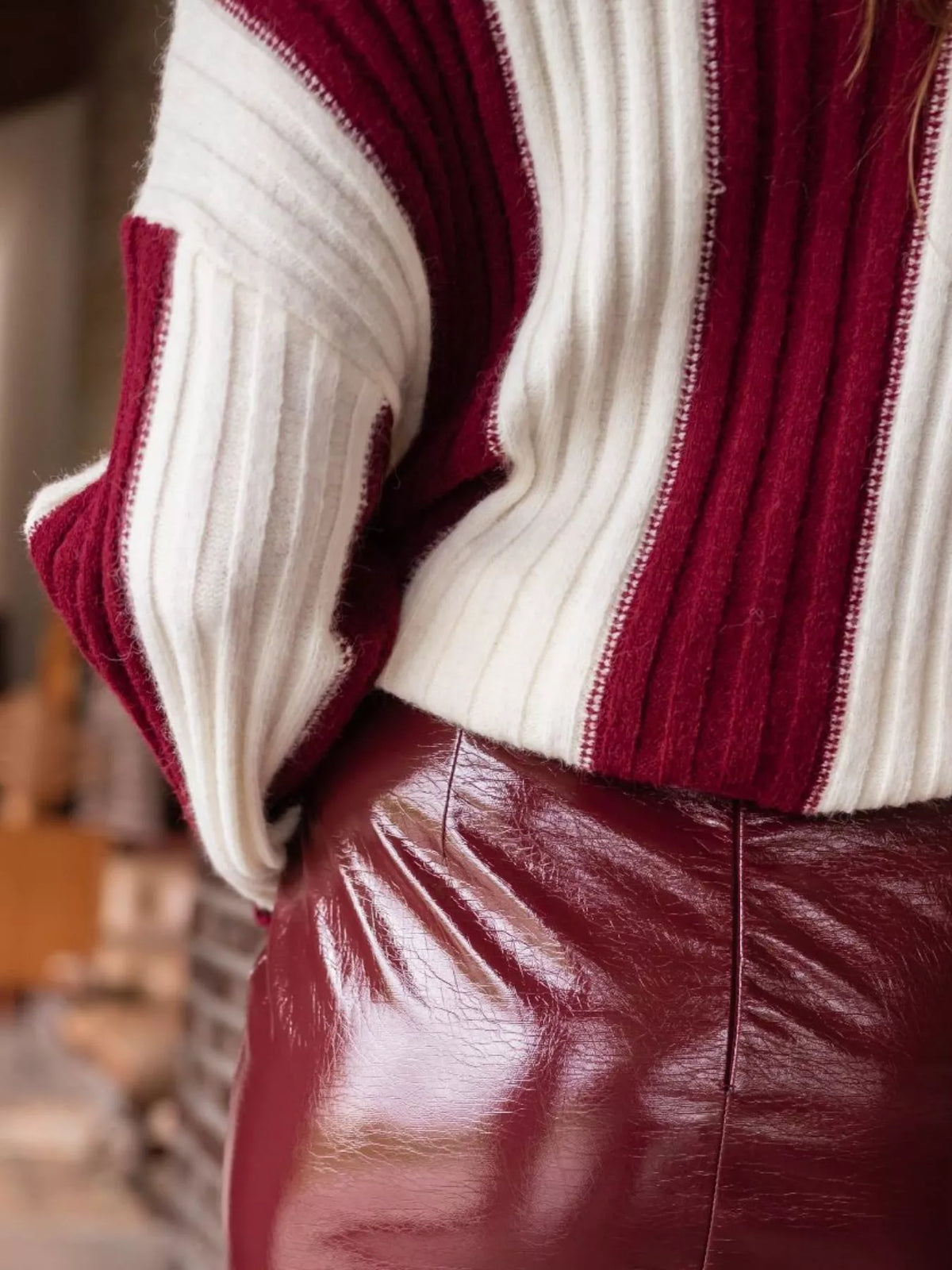 color block ribbed turtleneck sweater close up texture