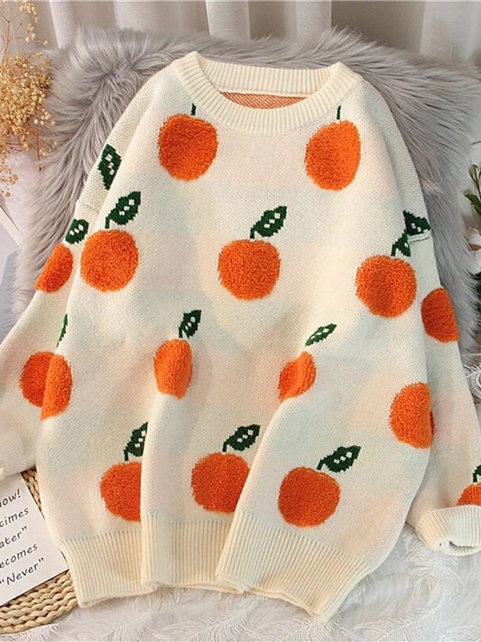 Printed Round Neck Drop Shoulder Sweater Cream - Fashorio