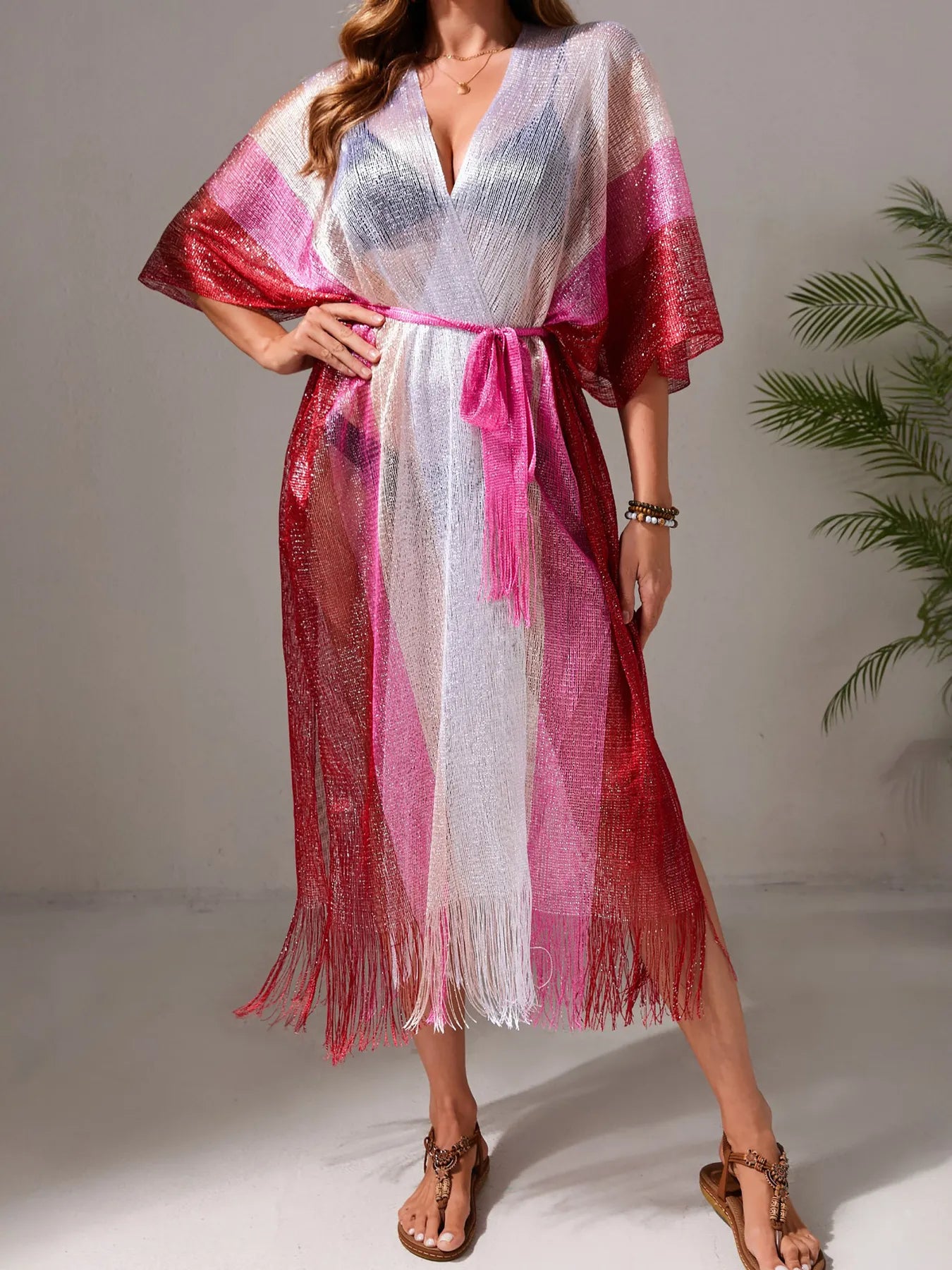 Gradient Fringe Kimono Cover-Up Pink One Size - Fashorio