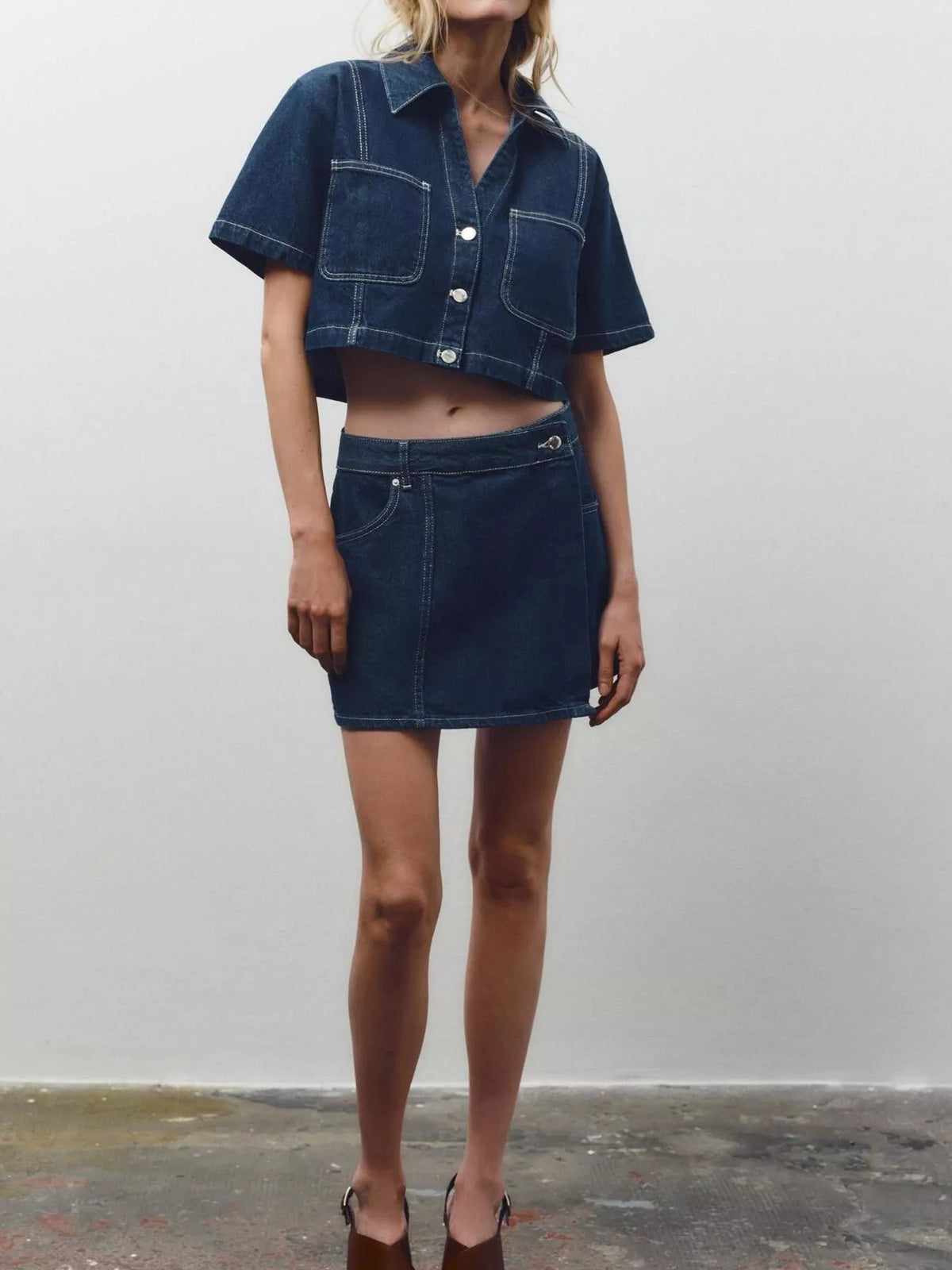 Sky blue button up top two piece set