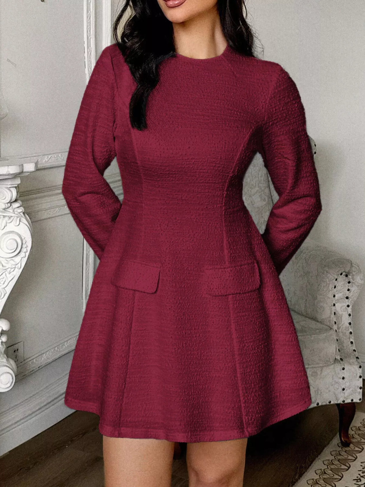 cutout back long sleeve mini dress close up