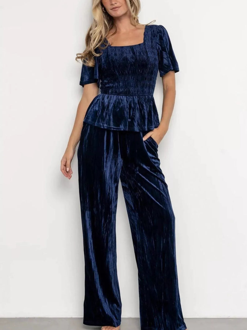 Velvet top and wide leg pants set front view