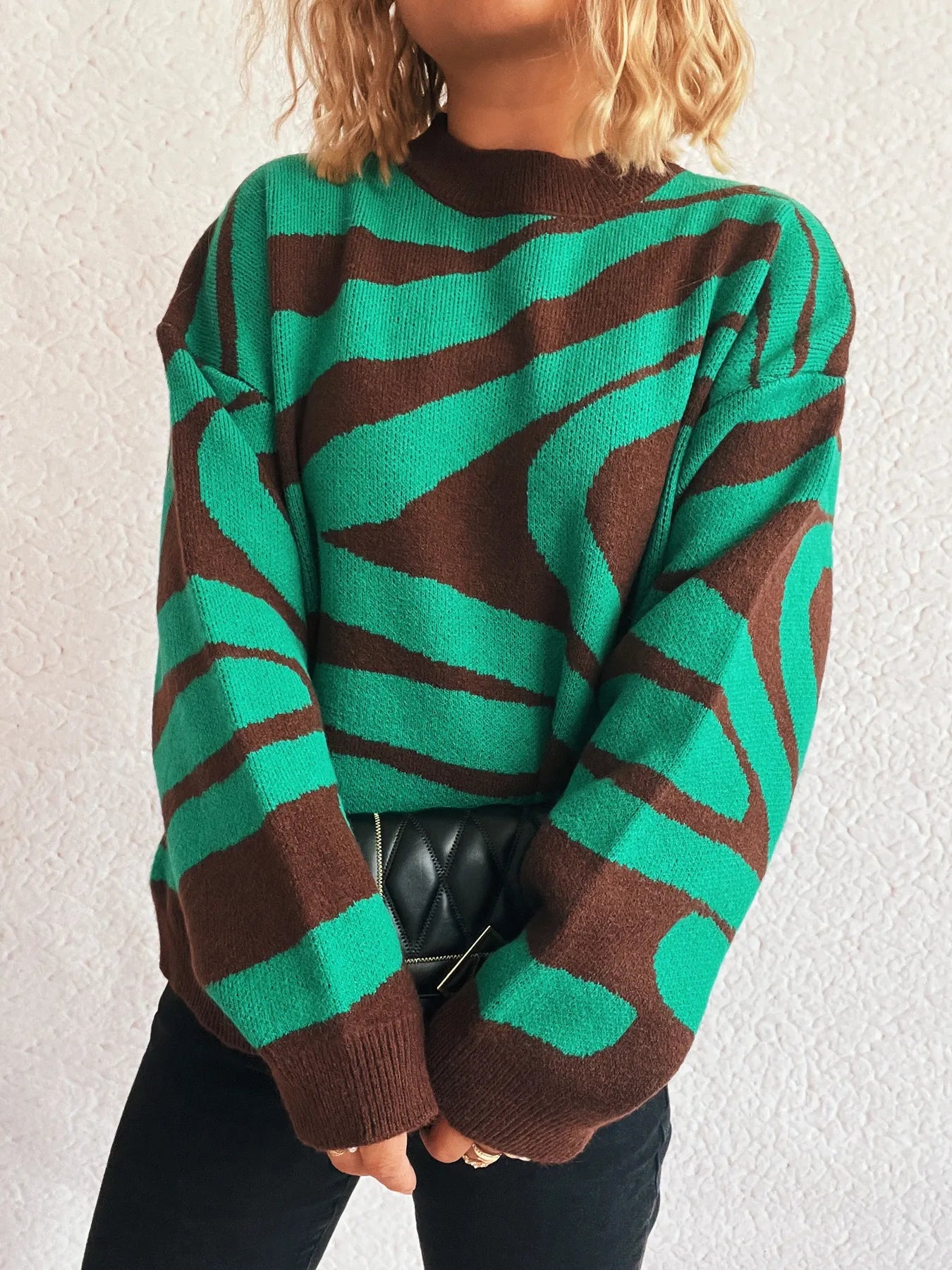 Zebra Print Round Neck Sweater Rose Pink One Size - Fashorio