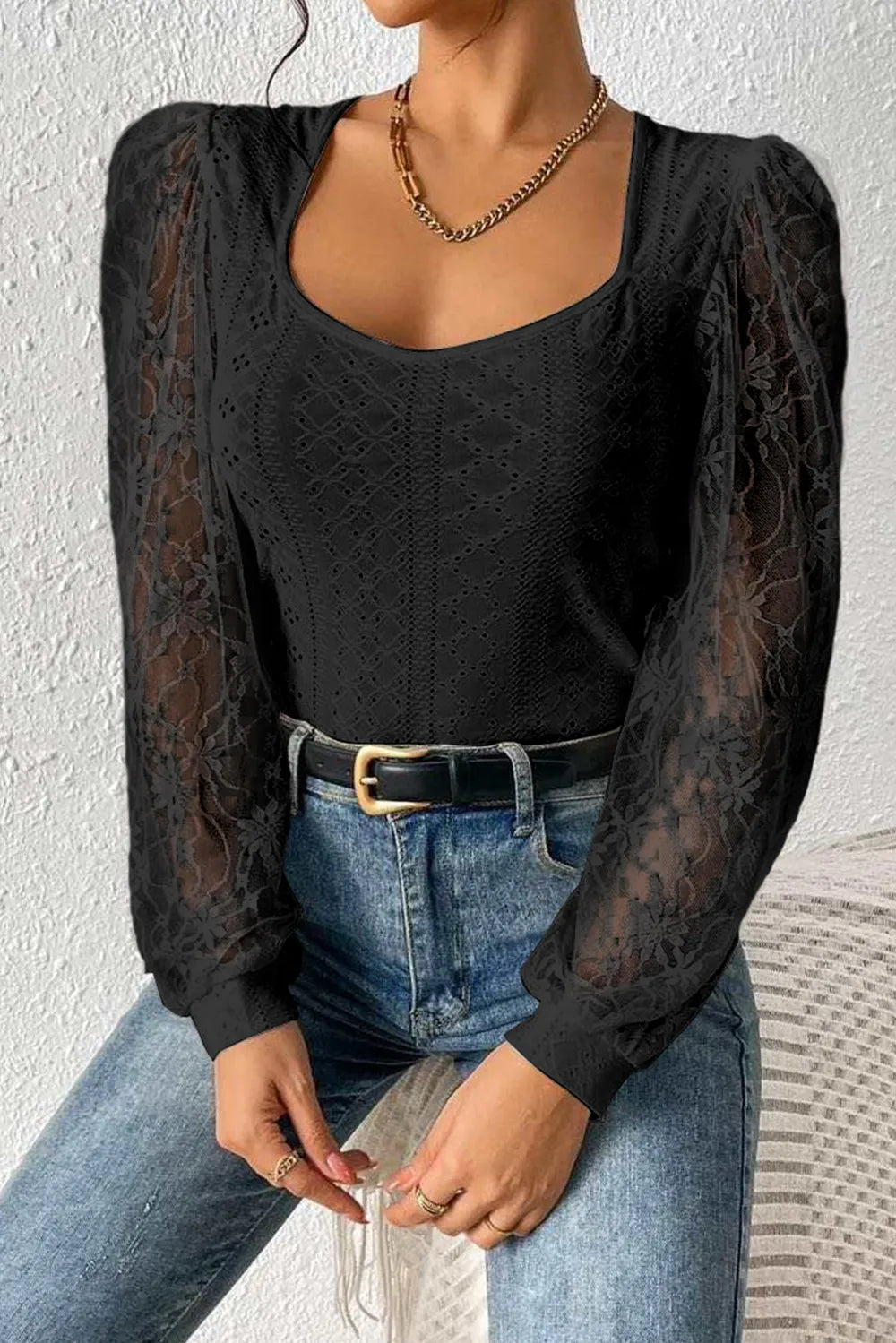 Eyelet Lace Long Sleeve Bodysuit - Fashorio