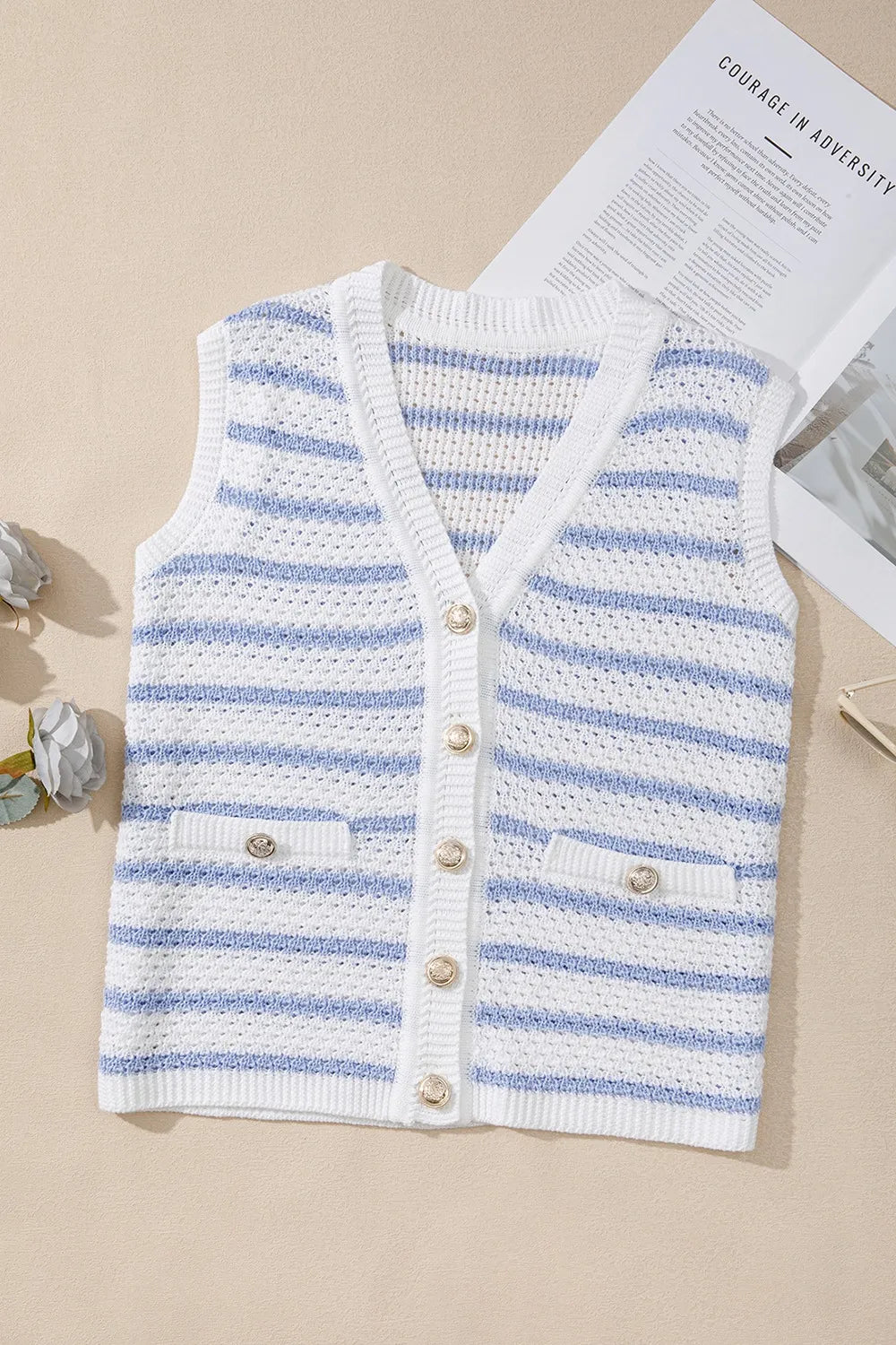 Striped Gold Button V Neck Sweater Vest in Light Blue view 7