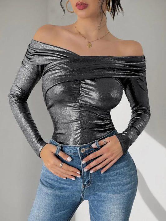 Perfee Ruched Off-Shoulder Long Sleeve Bodysuit Black - Fashorio