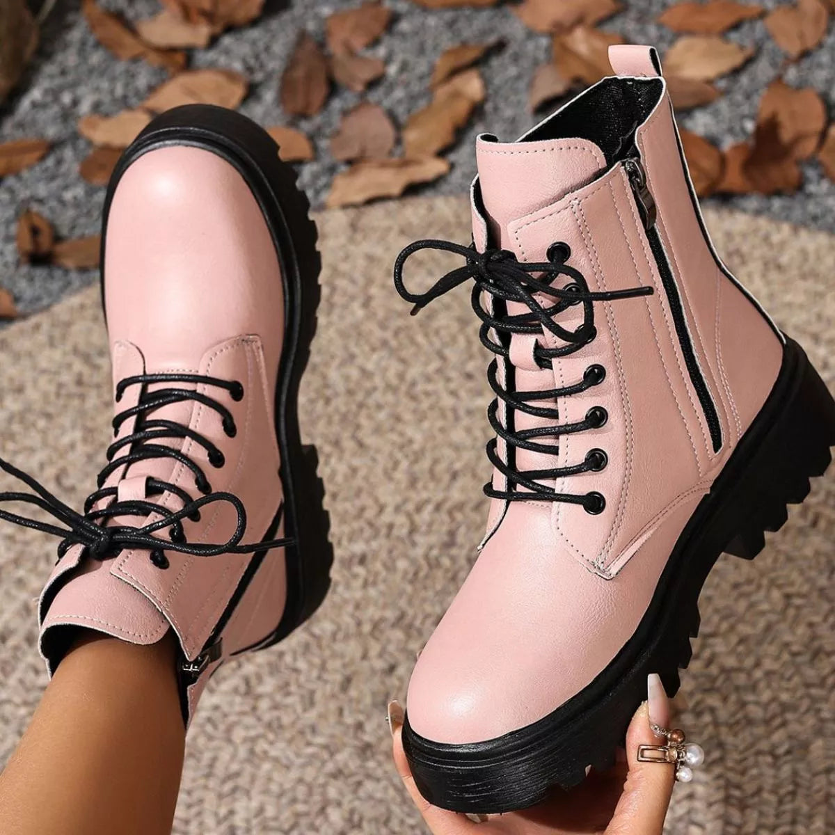 Brown round toe block heels boots upper texture detail