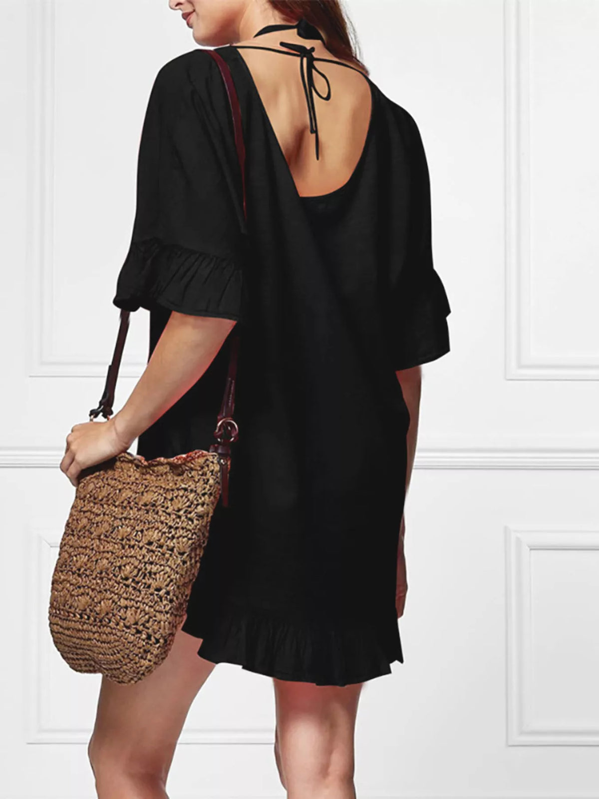 Ruffle trim V neck cover up dress styled look