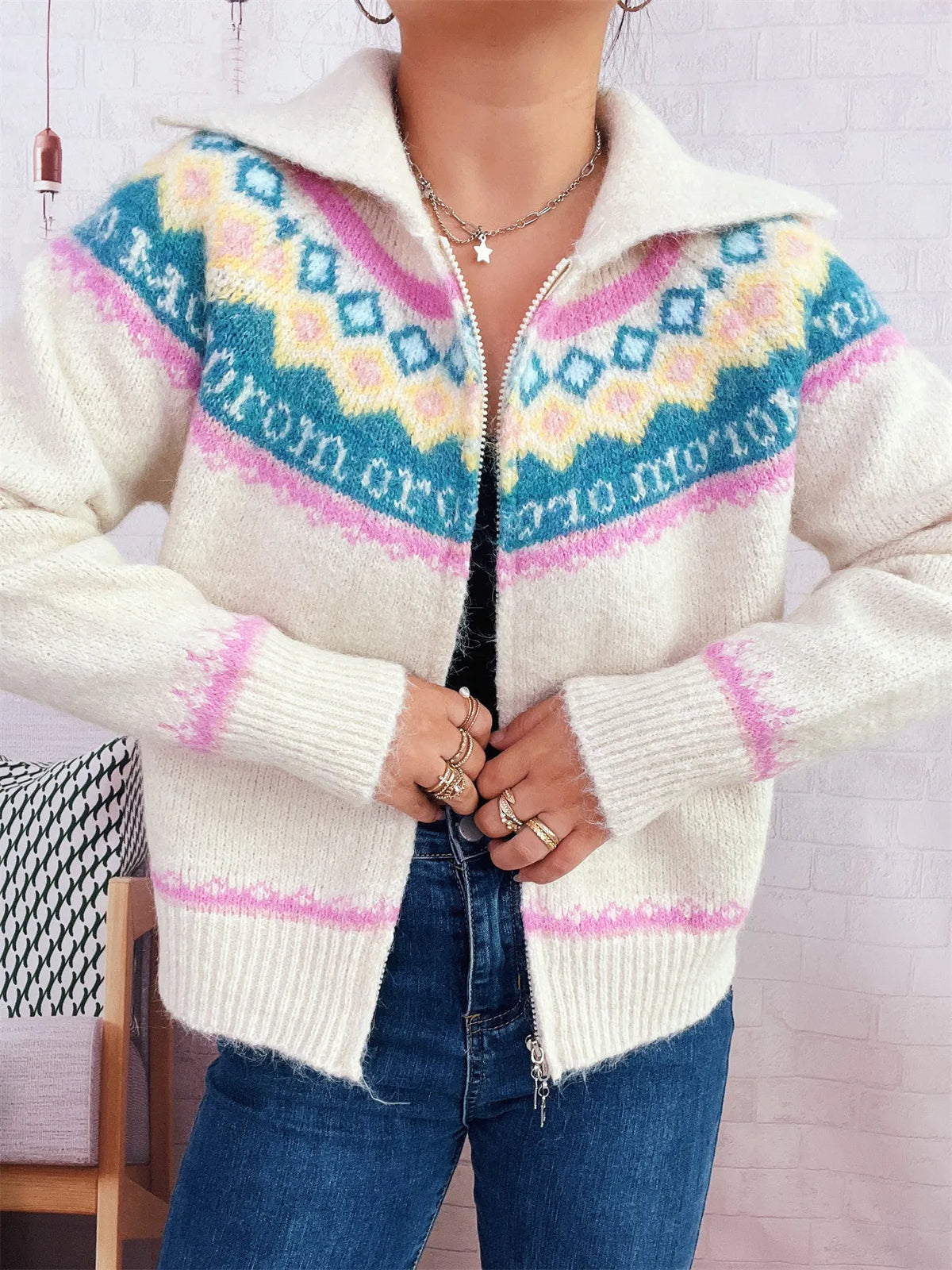 fair isle pattern zip up cardigan front view