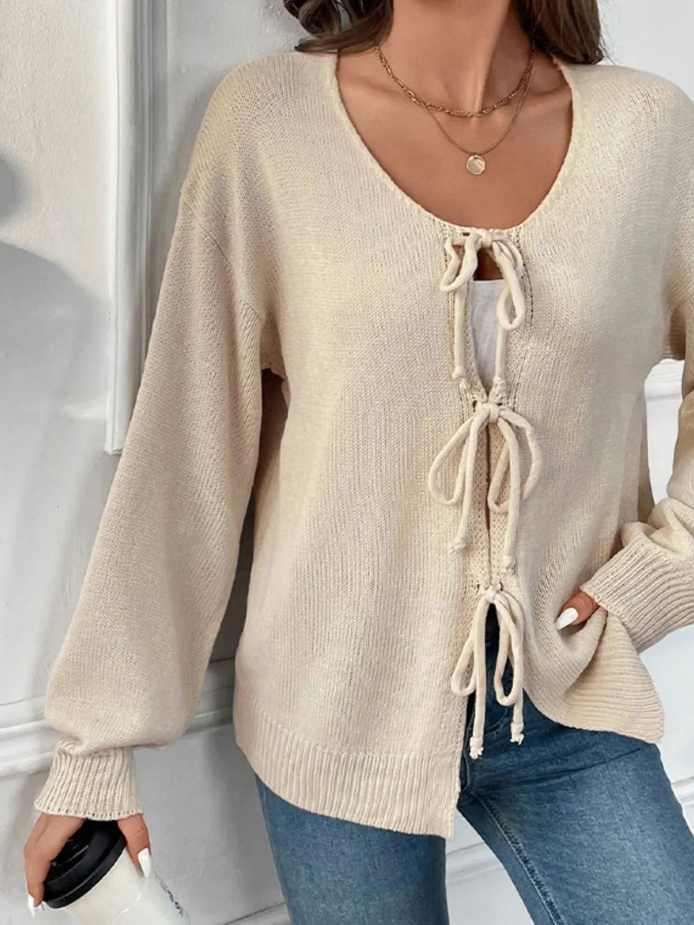 Perfee Tied Round Neck Long Sleeve Cardigan - Fashorio