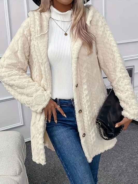 Faux Fur Teddy Coat with Button Front Cream - Fashorio