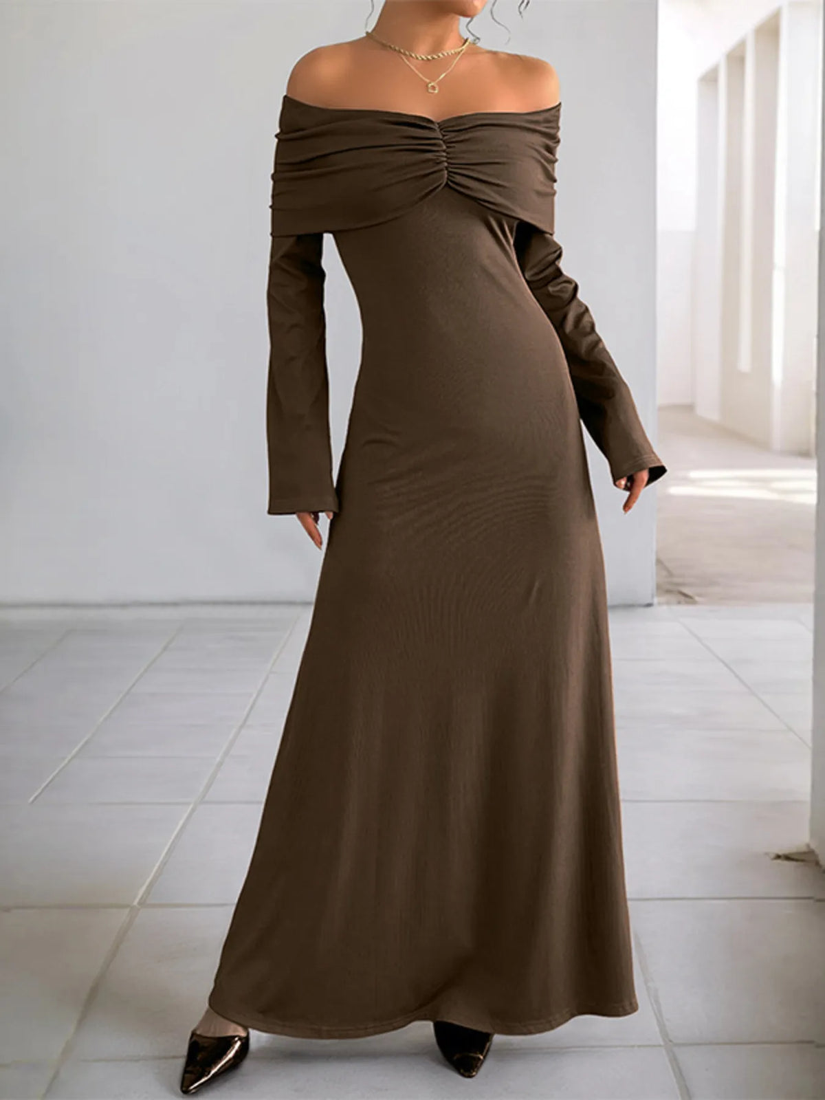 Coffee brown off shoulder long sleeve bodycon maxi dress full length view