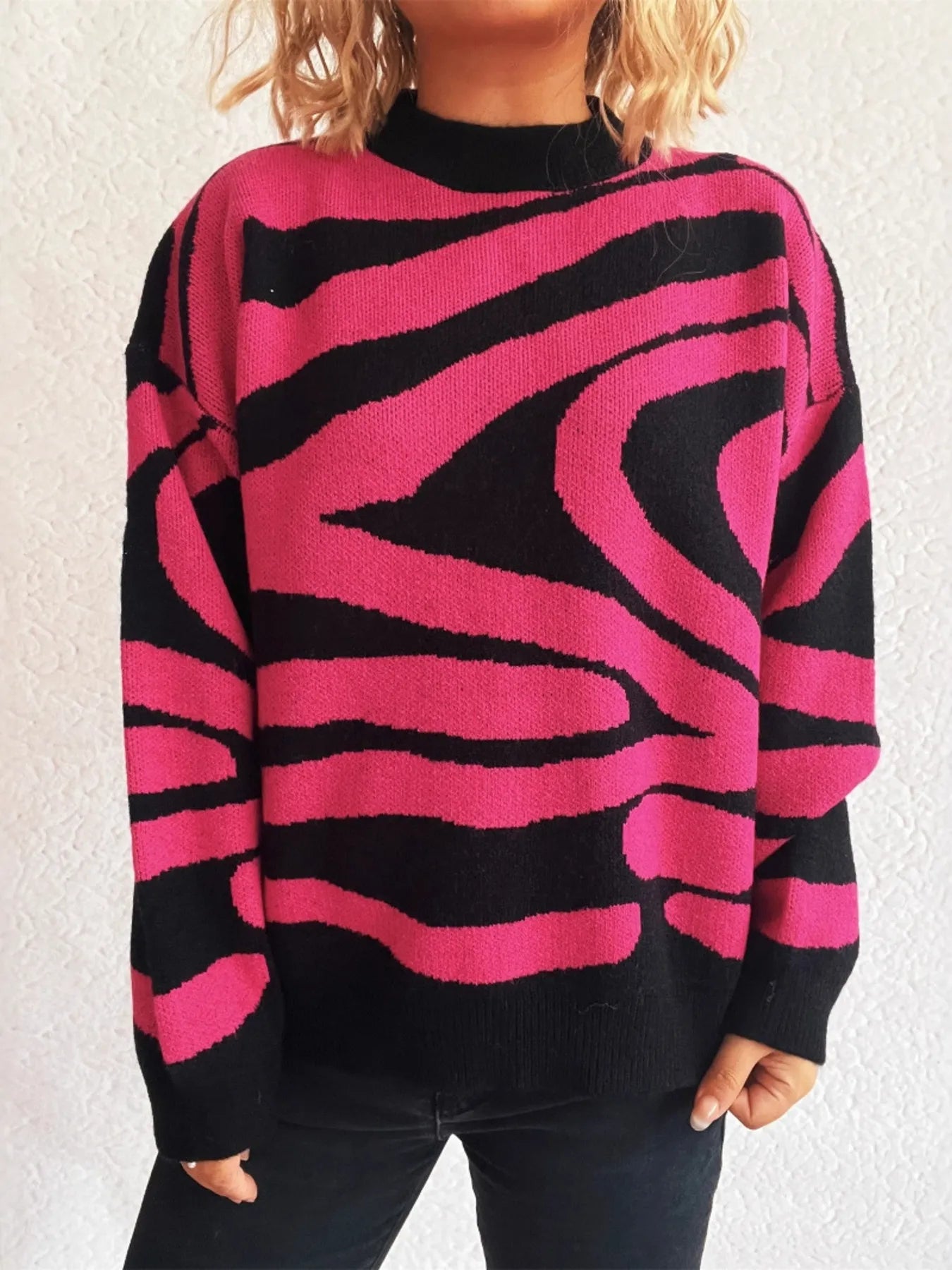 Zebra Print Round Neck Sweater Green One Size - Fashorio
